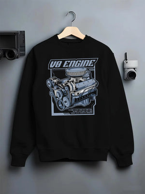 Black crewneck sweatshirt on a hanger against a grey wall, featuring rs v8 muscle street racing performance motorsport graphic.