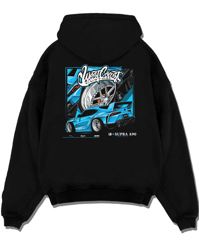 Black pullover hoodie laid flat on a white background, featuring Toyota Supra racing jdm tuning street enthusiast graphic.