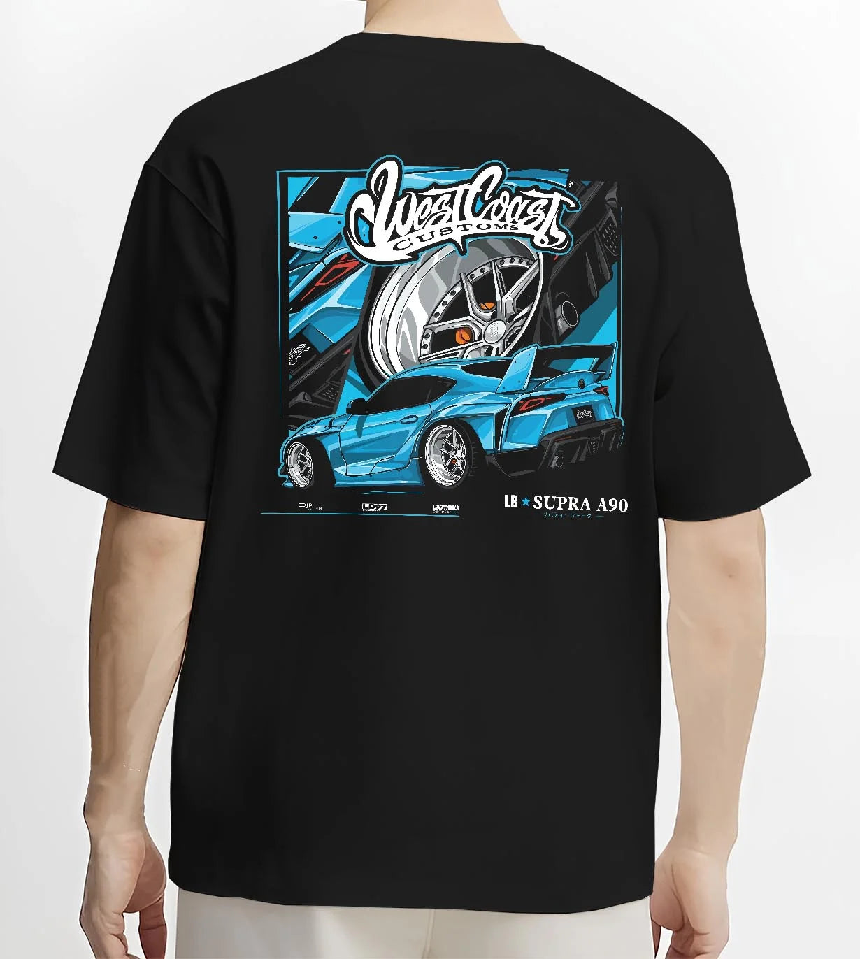 Black T-shirt worn by a male model, back view, featuring Toyota Supra racing jdm tuning street enthusiast performance graphic.