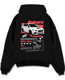 Black pullover hoodie laid flat on a white background, featuring Subaru WRX STI sti wrx turbo turbocharged racing rally graphic.