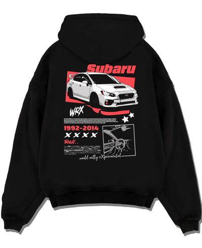 Black pullover hoodie laid flat on a white background, featuring Subaru WRX STI sti wrx turbo turbocharged racing rally graphic.