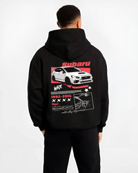 Black hoodie worn by a male model, back view, featuring Subaru WRX STI sti wrx turbo turbocharged racing rally japanese graphic.