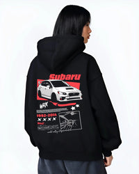 Black hoodie worn by a female model, back view, featuring Subaru WRX STI sti wrx turbo turbocharged racing rally japanese graphic.