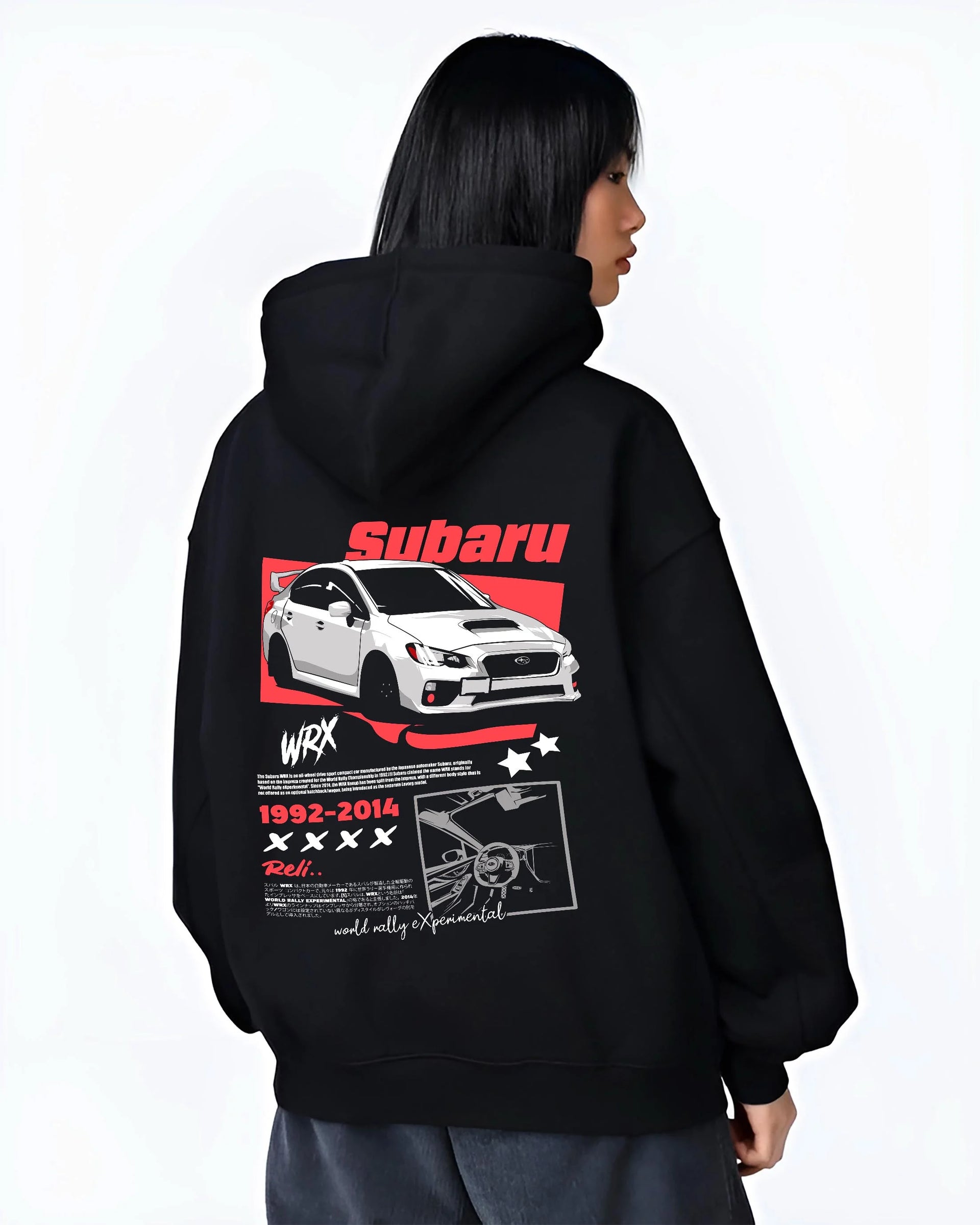 Black hoodie worn by a female model, back view, featuring Subaru WRX STI sti wrx turbo turbocharged racing rally japanese graphic.