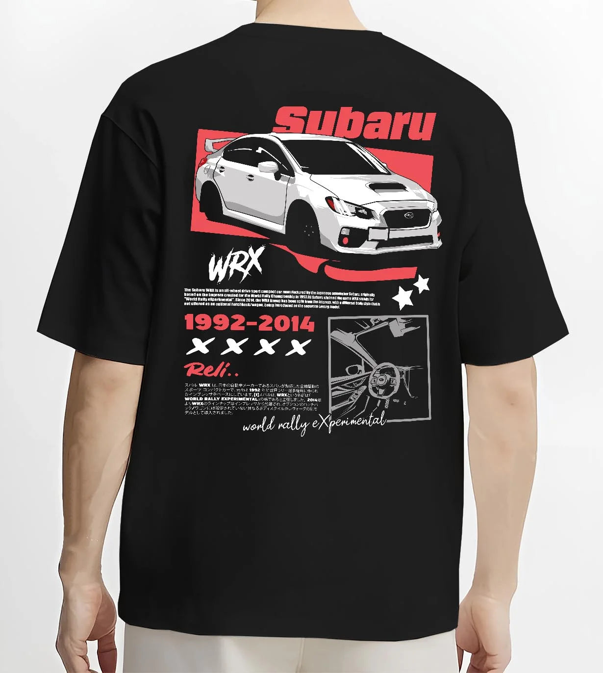 Black T-shirt worn by a male model, back view, featuring Subaru WRX STI sti wrx turbo turbocharged racing rally japanese graphic.