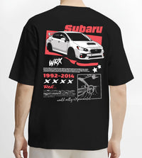 Black T-shirt worn by a male model, back view, featuring Subaru WRX STI sti wrx turbo turbocharged racing rally japanese graphic.