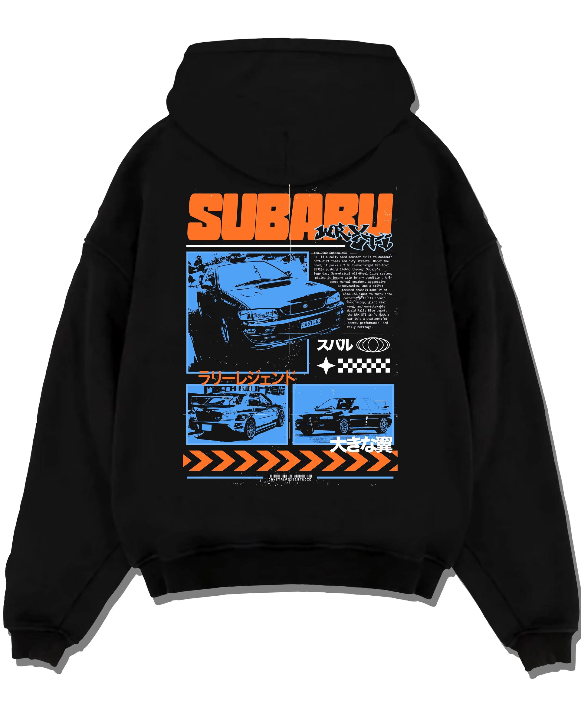 Black pullover hoodie laid flat on a white background, featuring Subaru WRX STI sti wrx turbo racing drift rally jdm graphic.