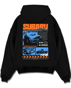 Black pullover hoodie laid flat on a white background, featuring Subaru WRX STI sti wrx turbo racing drift rally jdm graphic.