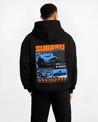 Black hoodie worn by a male model, back view, featuring Subaru WRX STI sti wrx turbo racing drift rally jdm japanese street graphic.