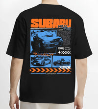 Black T-shirt worn by a male model, back view, featuring Subaru WRX STI sti wrx turbo racing drift rally jdm japanese graphic.