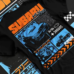 Black T-shirt laid flat with natural fabric folds, featuring Subaru WRX STI sti wrx turbo racing drift rally jdm japanese graphic.