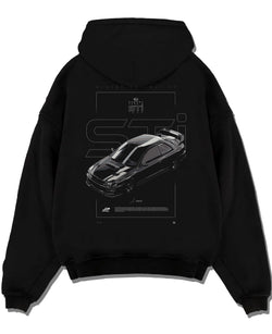 Black pullover hoodie laid flat on a white background, featuring SUBARU WRX type r sti drift rally jdm japanese street graphic.
