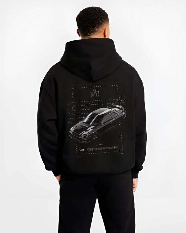 Black hoodie worn by a male model, back view, featuring SUBARU WRX type r sti drift rally jdm japanese street retro graphic.