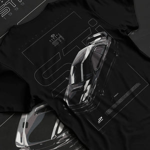 Black T-shirt laid flat with natural fabric folds, featuring SUBARU WRX type r sti drift rally jdm japanese street retro graphic.