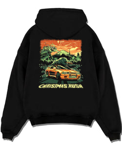 Black pullover hoodie laid flat on a white background, featuring SKYLINE r32 drift jdm street monster racing performance graphic.