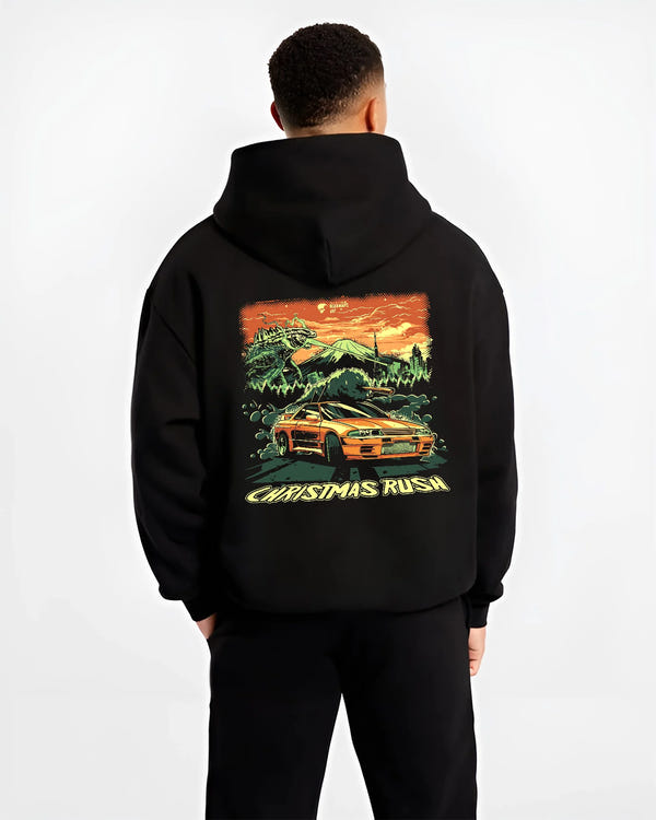 Black hoodie worn by a male model, back view, featuring SKYLINE r32 drift jdm street monster racing performance graphic.