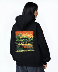 Black hoodie worn by a female model, back view, featuring SKYLINE r32 drift jdm street monster racing performance graphic.