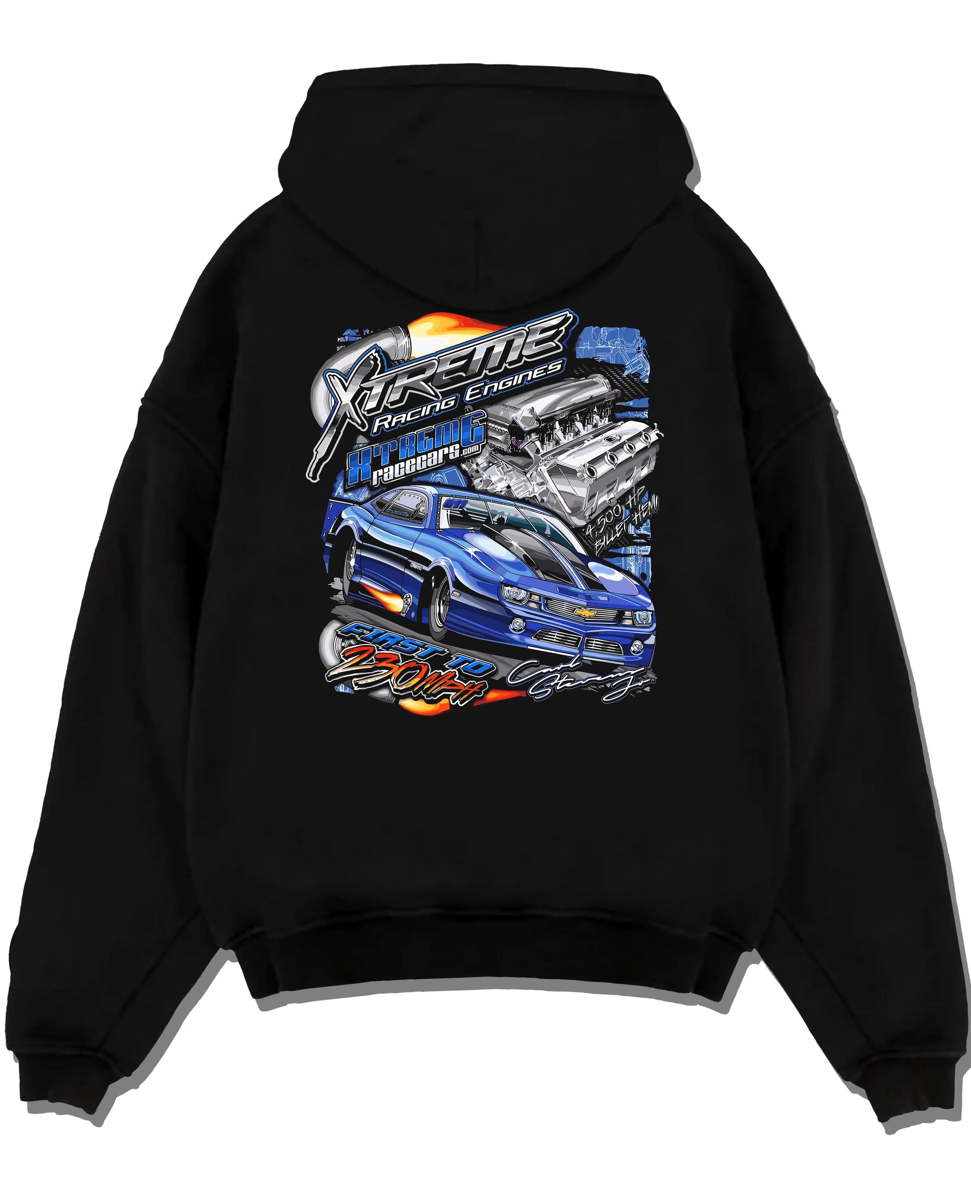 Black pullover hoodie laid flat on a white background, featuring turbo racing drag jdm muscle street performance motorsport graphic.