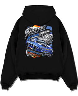 Black pullover hoodie laid flat on a white background, featuring turbo racing drag jdm muscle street performance motorsport graphic.