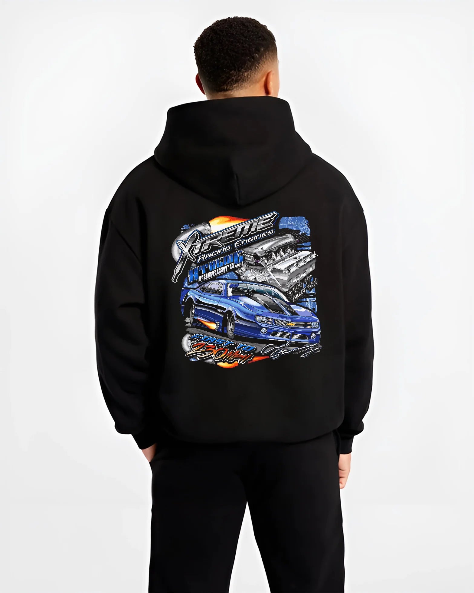 Black hoodie worn by a male model, back view, featuring turbo racing drag jdm muscle street performance motorsport graphic.
