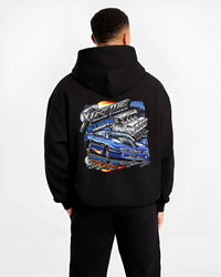 Black hoodie worn by a male model, back view, featuring turbo racing drag jdm muscle street performance motorsport graphic.
