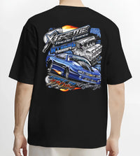 Black T-shirt worn by a male model, back view, featuring turbo racing drag jdm muscle street performance motorsport graphic.