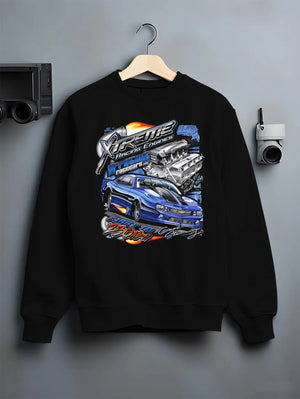 Black crewneck sweatshirt on a hanger against a grey wall, featuring turbo racing drag jdm muscle street performance graphic.
