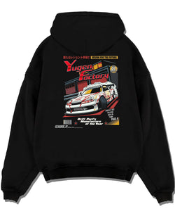 Black pullover hoodie laid flat on a white background, featuring rs racing drift motorsport jdm street legend enthusiast graphic.