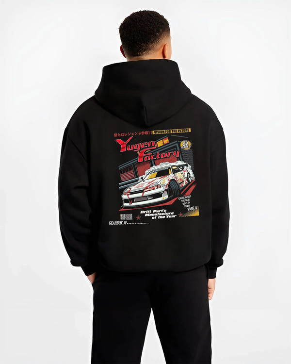 Black hoodie worn by a male model, back view, featuring rs racing drift motorsport jdm street legend enthusiast graphic.