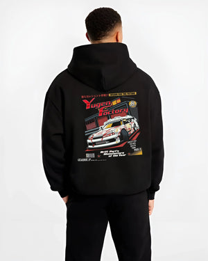 Black hoodie worn by a male model, back view, featuring rs racing drift motorsport jdm street legend enthusiast graphic.