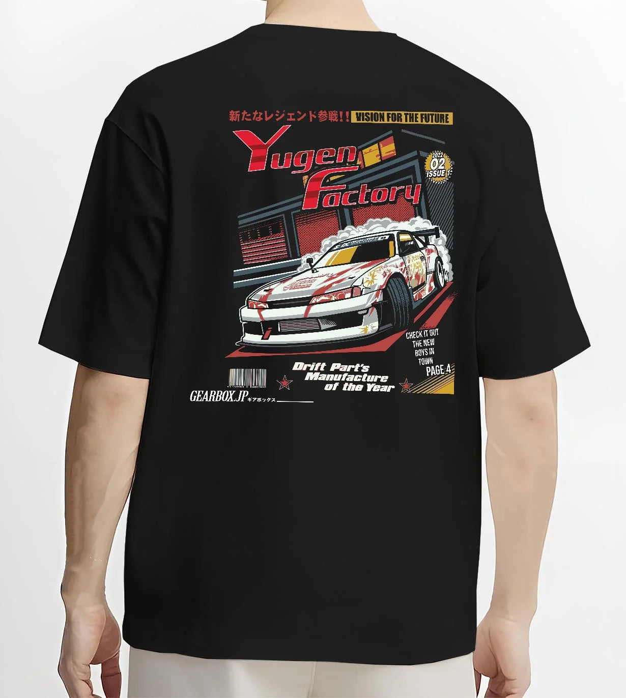 Black T-shirt worn by a male model, back view, featuring rs racing drift motorsport jdm street legend enthusiast graphic.