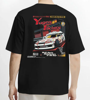 Black T-shirt worn by a male model, back view, featuring rs racing drift motorsport jdm street legend enthusiast graphic.