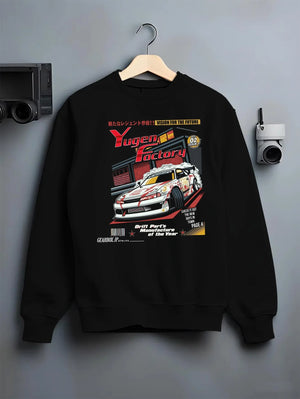 Black crewneck sweatshirt on a hanger against a grey wall, featuring rs racing drift motorsport jdm street legend graphic.