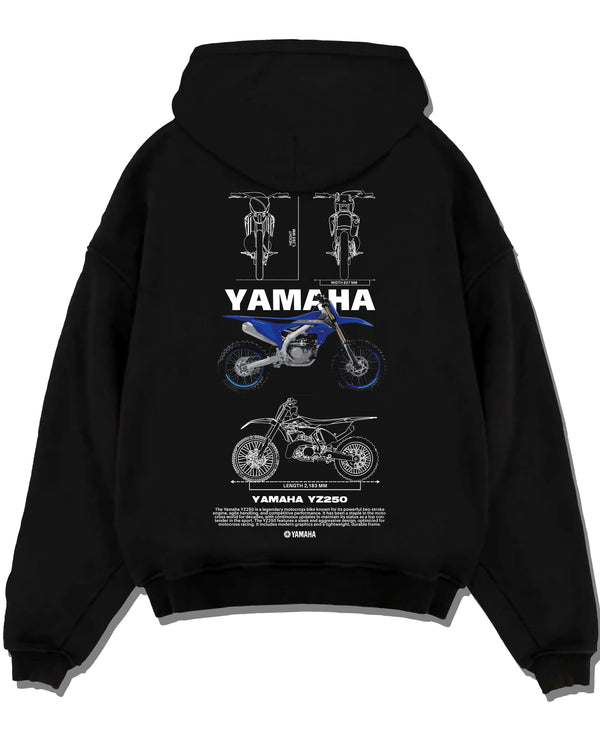 Black pullover hoodie laid flat on a white background, featuring Yamaha YZ250 racing street enthusiast performance graphic.