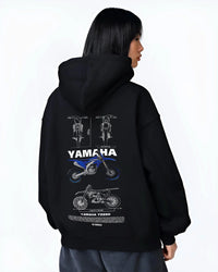 Black hoodie worn by a female model, back view, featuring Yamaha YZ250 racing street enthusiast performance motorsport graphic.