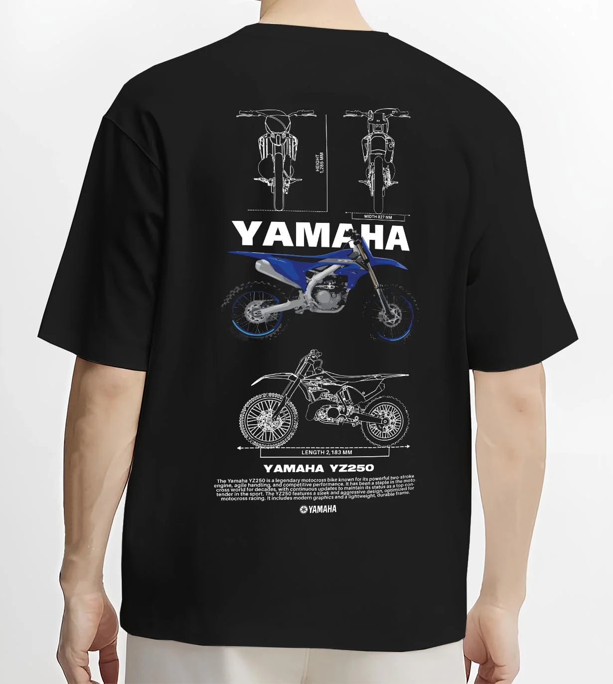 Black T-shirt worn by a male model, back view, featuring Yamaha YZ250 racing street enthusiast performance motorsport graphic.