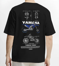 Black T-shirt worn by a male model, back view, featuring Yamaha YZ250 racing street enthusiast performance motorsport graphic.