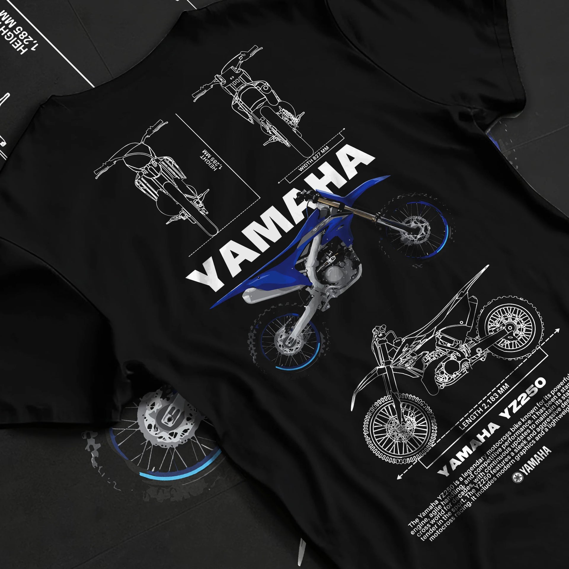 Black T-shirt laid flat with natural fabric folds, featuring Yamaha YZ250 racing street enthusiast performance motorsport graphic.