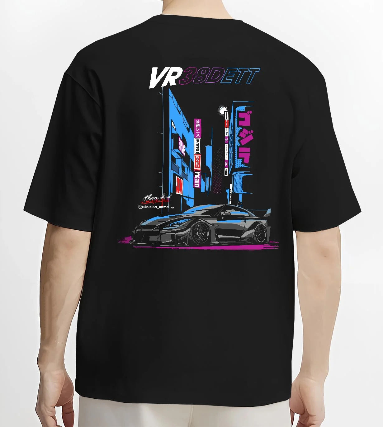 Black T-shirt worn by a male model, back view, featuring Nissan 370Z turbo turbocharged racing drift jdm japanese street graphic.