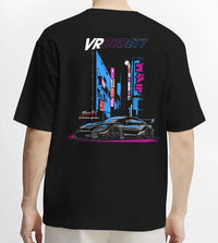 Black T-shirt worn by a male model, back view, featuring Nissan 370Z turbo turbocharged racing drift jdm japanese street graphic.