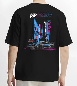 Black T-shirt worn by a male model, back view, featuring Nissan 370Z turbo turbocharged racing drift jdm japanese street graphic.