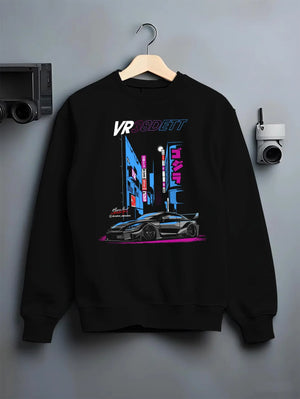 Black crewneck sweatshirt on a hanger against a grey wall, featuring Nissan 370Z turbo turbocharged racing drift jdm graphic.