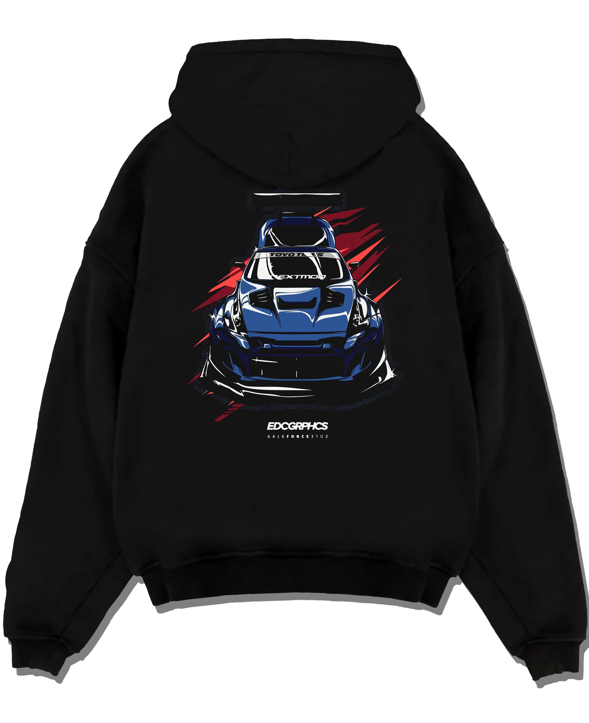 Black pullover hoodie laid flat on a white background, featuring Nissan 370Z turbo racing drift jdm tuner widebody street graphic.