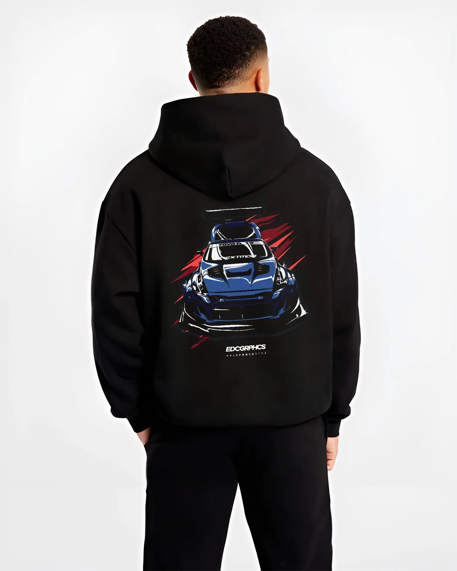 Black hoodie worn by a male model, back view, featuring Nissan 370Z turbo racing drift jdm tuner widebody street graphic.