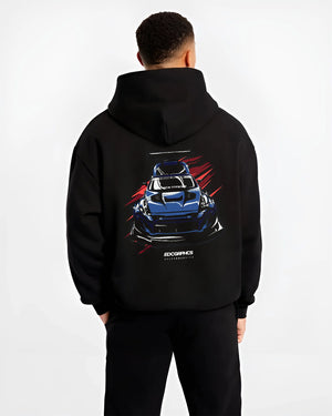 Black hoodie worn by a male model, back view, featuring Nissan 370Z turbo racing drift jdm tuner widebody street graphic.