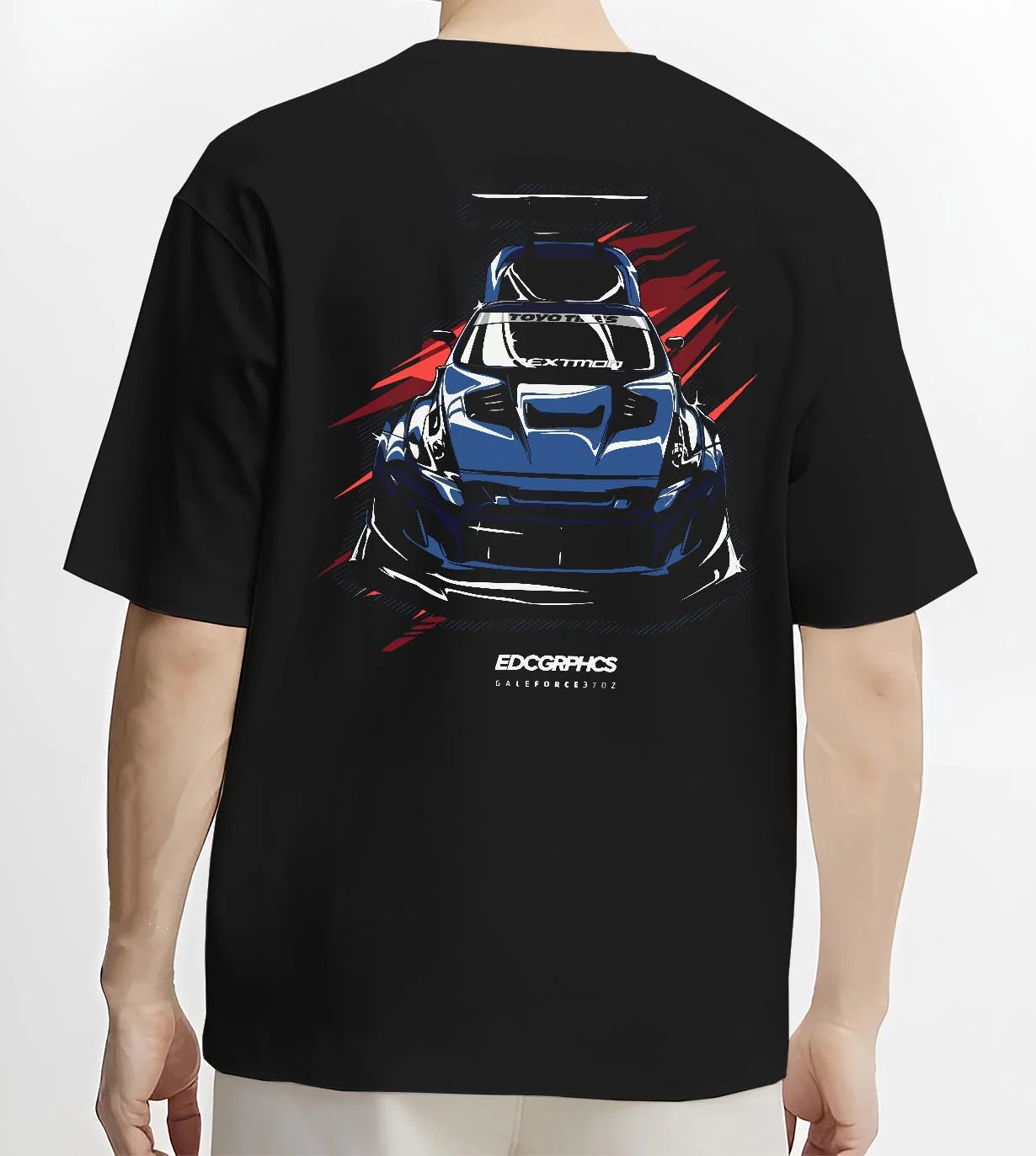 Black T-shirt worn by a male model, back view, featuring Nissan 370Z turbo racing drift jdm tuner widebody street graphic.