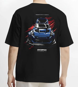 Black T-shirt worn by a male model, back view, featuring Nissan 370Z turbo racing drift jdm tuner widebody street graphic.