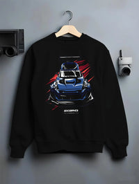 Black crewneck sweatshirt on a hanger against a grey wall, featuring Nissan 370Z turbo racing drift jdm tuner widebody graphic.