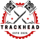 Black and red Trackhead logo featuring crossed pistons and gear emblem, symbolizing JDM car culture and racing spirit.
