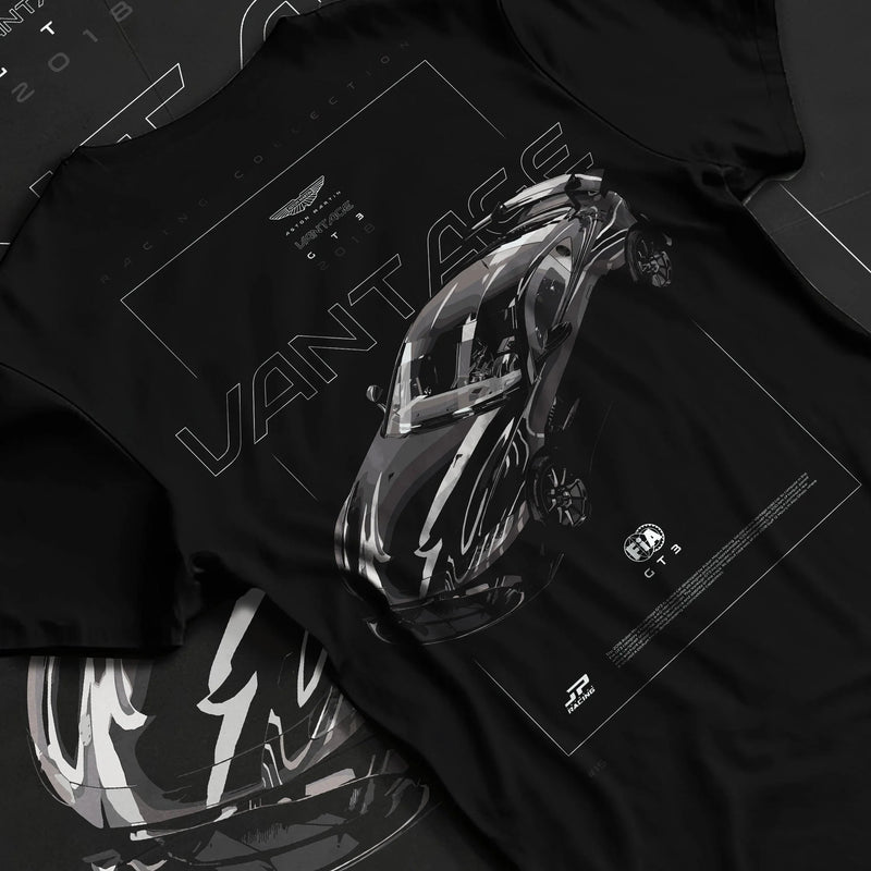 Black T-shirt featuring Aston Martin Vantage racing car graphic in bold motorsport streetwear design for car culture fans.